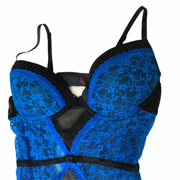 Black Fuschia Secret Lace Lingerie Blue Corset with Garters - Picture 2 of 16